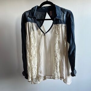 Free People Denim and Cream Lace Women's Top